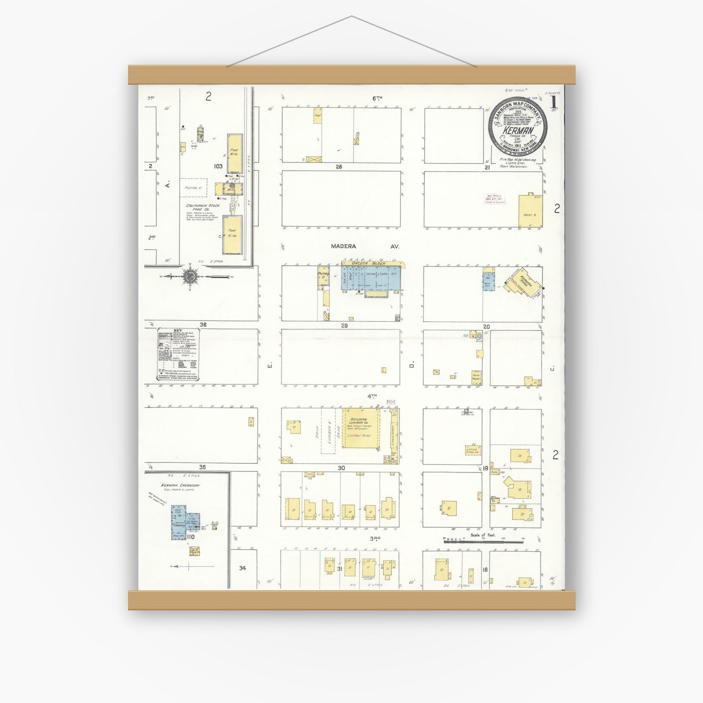 Old map wall art mockup — magnetic wood frame on white wall — Sanborn Fire Insurance Map from Kerman, Fresno County, California (1911), Sheet #0001