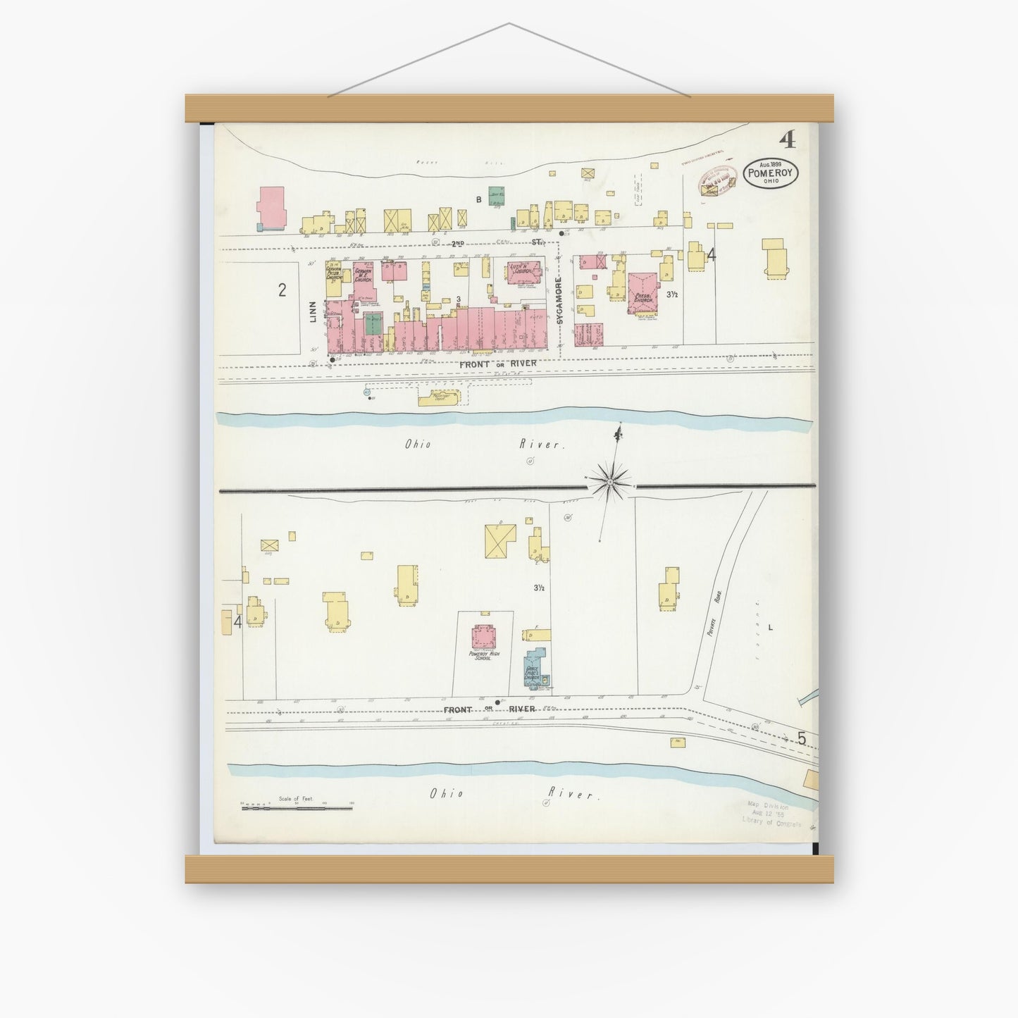 Old map wall art mockup — magnetic wood frame on white wall — Sanborn Fire Insurance Map from Pomeroy, Meigs County, Ohio (1899), Sheet #0004