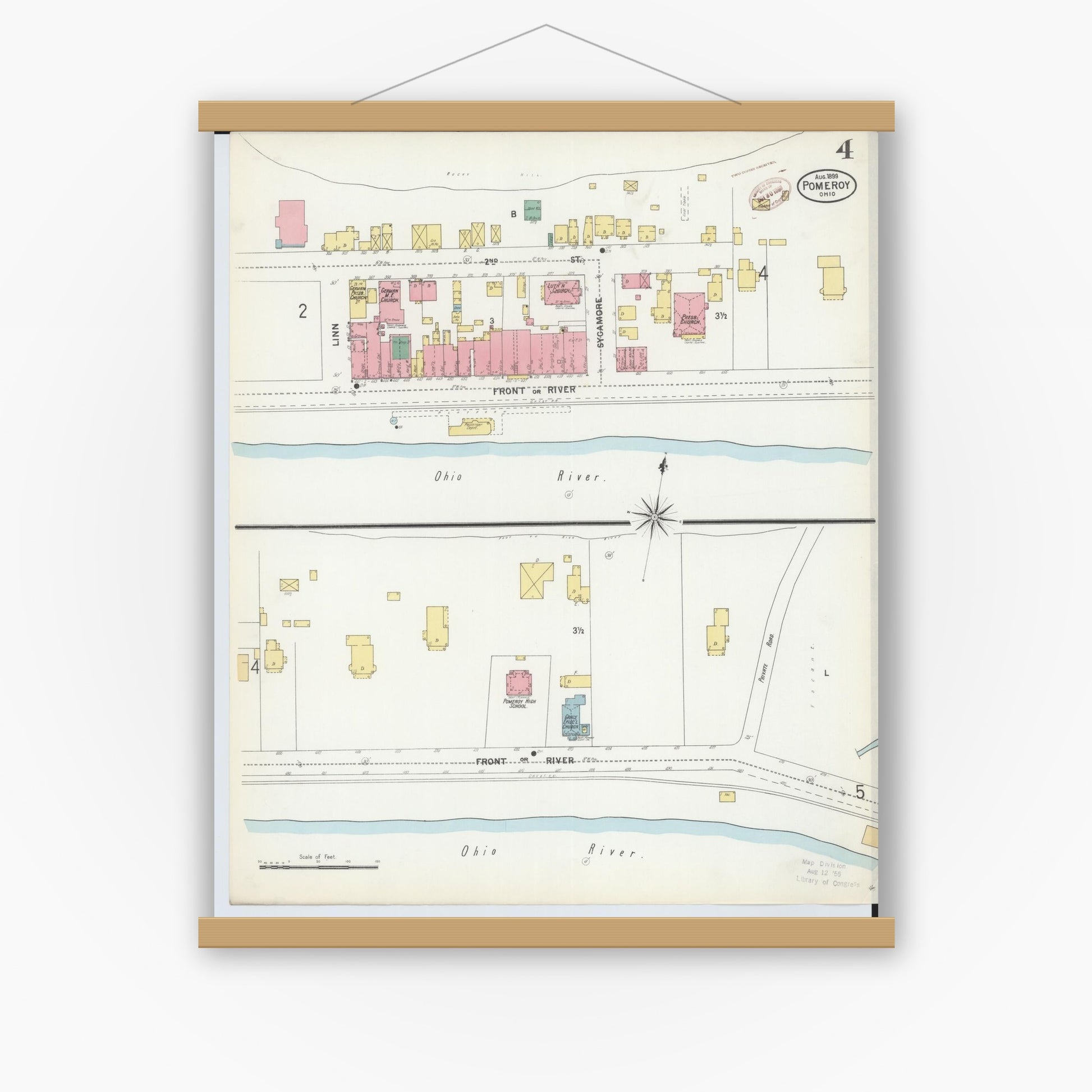 Old map wall art mockup — magnetic wood frame on white wall — Sanborn Fire Insurance Map from Pomeroy, Meigs County, Ohio (1899), Sheet #0004