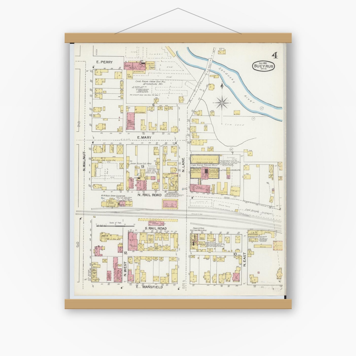 Old map wall art mockup — magnetic wood frame on white wall — Sanborn Fire Insurance Map from Bucyrus, Crawford County, Ohio (1892), Sheet #0004