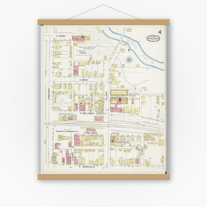 Old map wall art mockup — magnetic wood frame on white wall — Sanborn Fire Insurance Map from Bucyrus, Crawford County, Ohio (1892), Sheet #0004