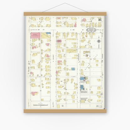 Old map wall art mockup — magnetic wood frame on white wall — Sanborn Fire Insurance Map from Bloomington, Monroe County, Indiana (1913), Sheet #0016