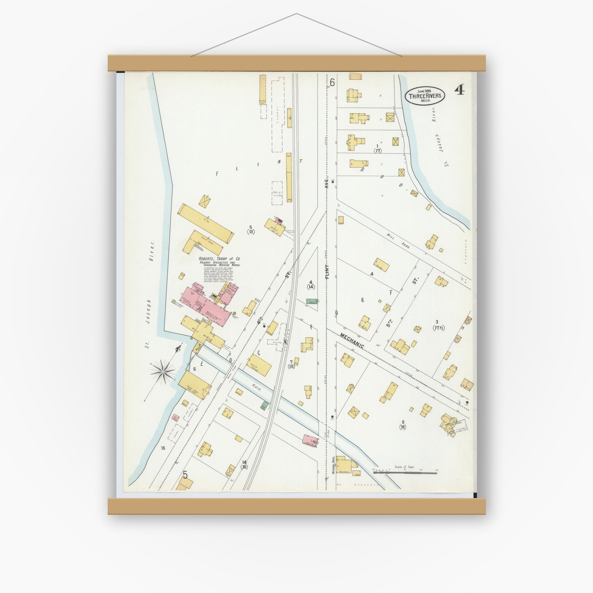 Old map wall art mockup — magnetic wood frame on white wall — Sanborn Fire Insurance Map from Three Rivers, Saint Joseph County, Michigan (1899), Sheet #0004