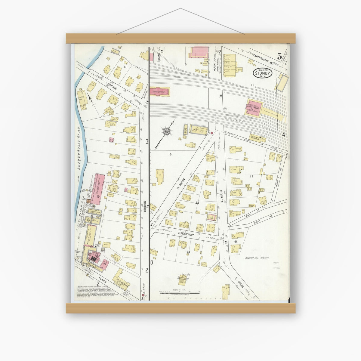 Old map wall art mockup — magnetic wood frame on white wall — Sanborn Fire Insurance Map from Sidney, Delaware County, New York (1917), Sheet #0005
