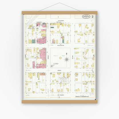 Old map wall art mockup — magnetic wood frame on white wall — Sanborn Fire Insurance Map from Greenview, Menard County, Illinois (1909), Sheet #0002