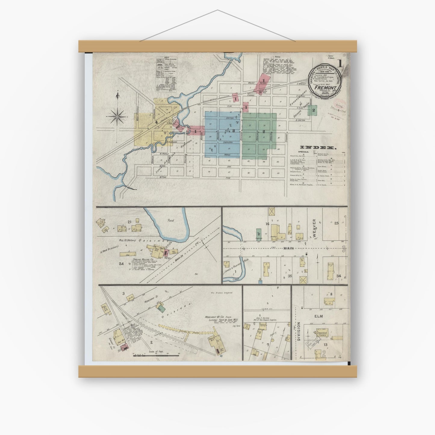 Old map wall art mockup — magnetic wood frame on white wall — Sanborn Fire Insurance Map from Fremont, Newaygo County, Michigan (1894), Sheet #0001