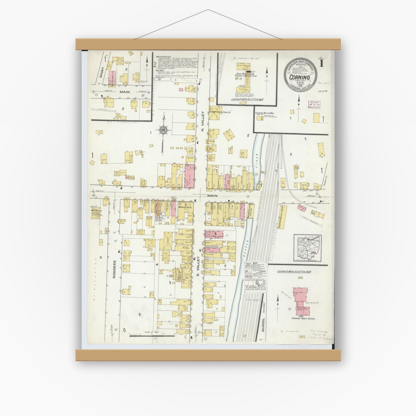 Old map wall art mockup — magnetic wood frame on white wall — Sanborn Fire Insurance Map from Corning, Perry County, Ohio (1916) - Complete Map Set
