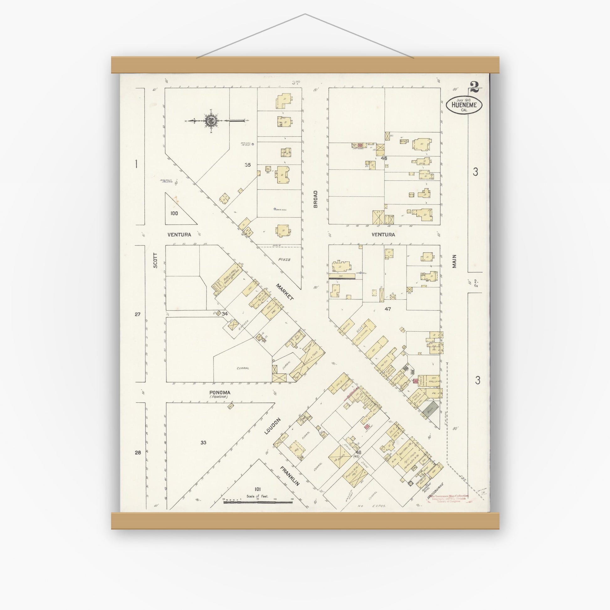 Old map wall art mockup — magnetic wood frame on white wall — Sanborn Fire Insurance Map from Hueneme, Ventura County, California (1910), Sheet #0002