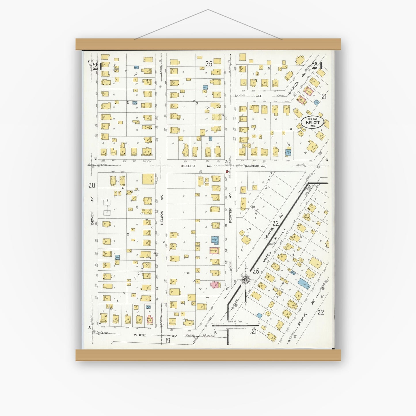 Old map wall art mockup — magnetic wood frame on white wall — Sanborn Fire Insurance Map from Beloit, Rock County, Wisconsin (1926), Sheet #0021