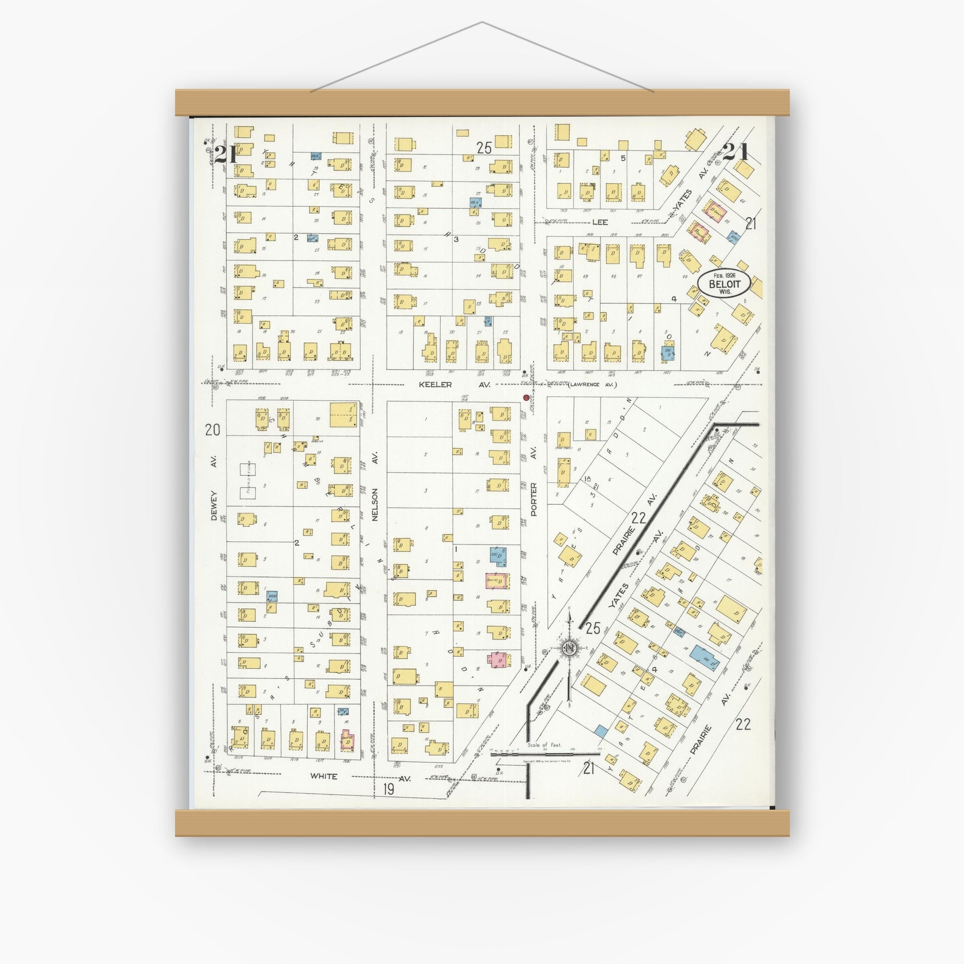 Old map wall art mockup — magnetic wood frame on white wall — Sanborn Fire Insurance Map from Beloit, Rock County, Wisconsin (1926), Sheet #0021
