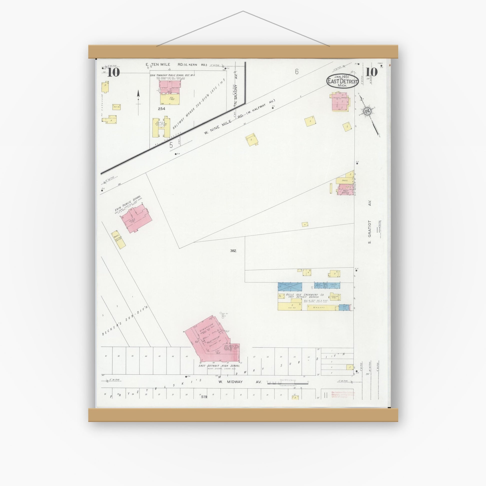 Old map wall art mockup — magnetic wood frame on white wall — Sanborn Fire Insurance Map from East Detroit, Macomb County, Michigan (1931), Sheet #0010