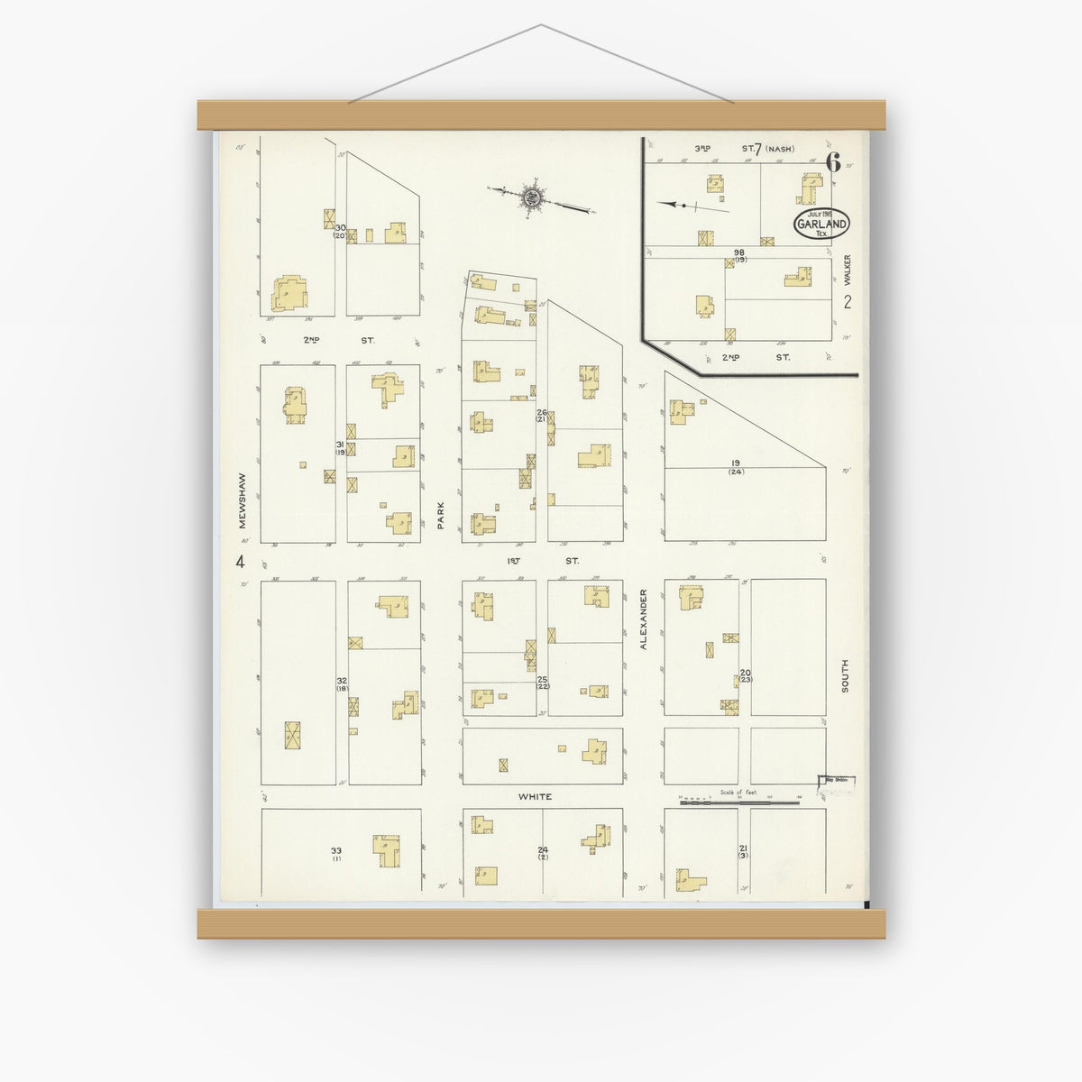Old map wall art mockup — magnetic wood frame on white wall — Sanborn Fire Insurance Map from Garland, Dallas County, Texas (1915), Sheet #0006