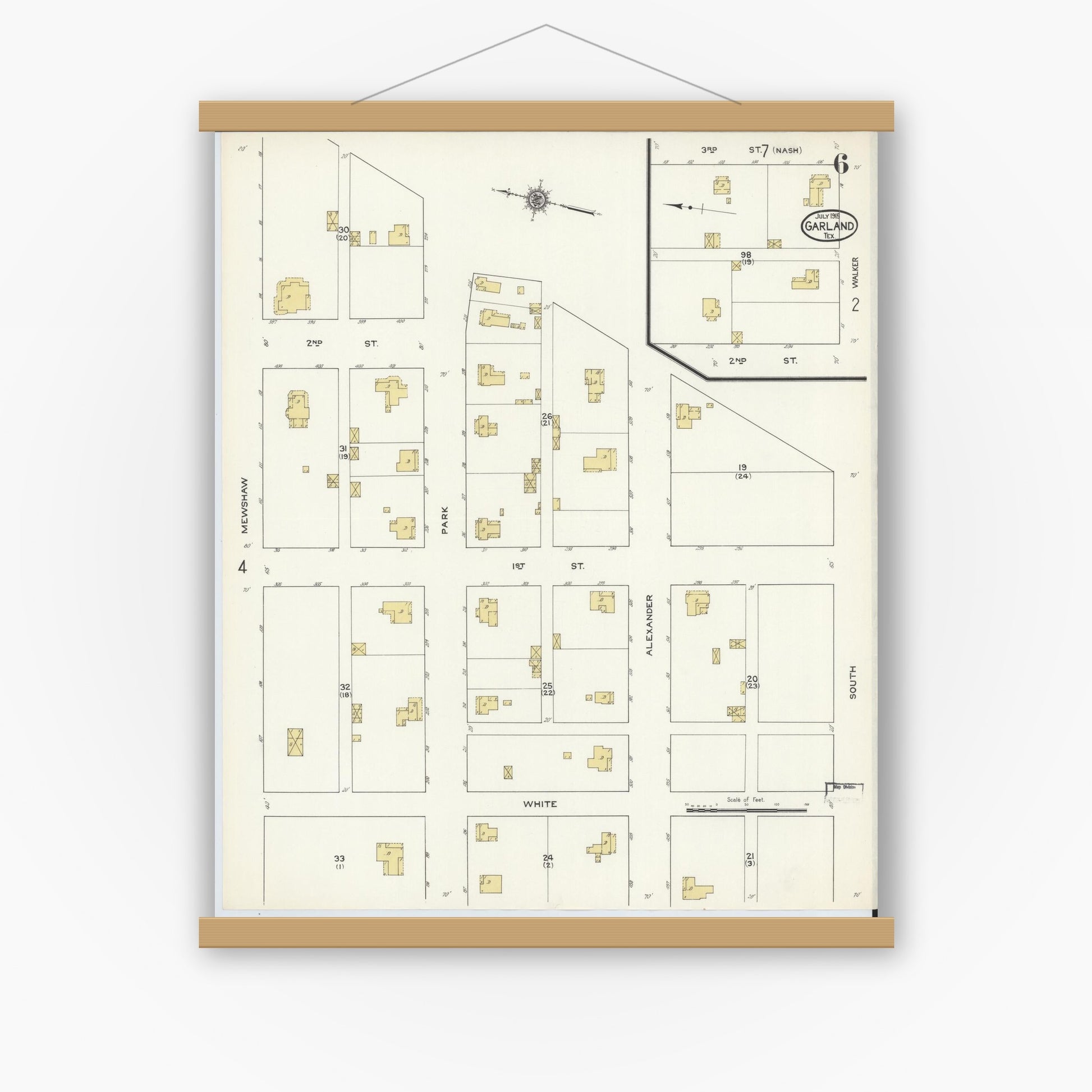 Old map wall art mockup — magnetic wood frame on white wall — Sanborn Fire Insurance Map from Garland, Dallas County, Texas (1915), Sheet #0006