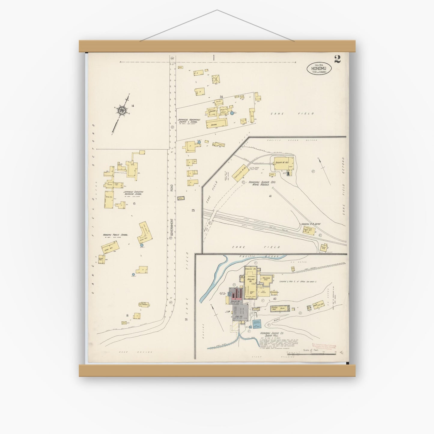 Old map wall art mockup — magnetic wood frame on white wall — Sanborn Fire Insurance Map from Honomu, Hawaii County, Hawaii (1914), Sheet #0002