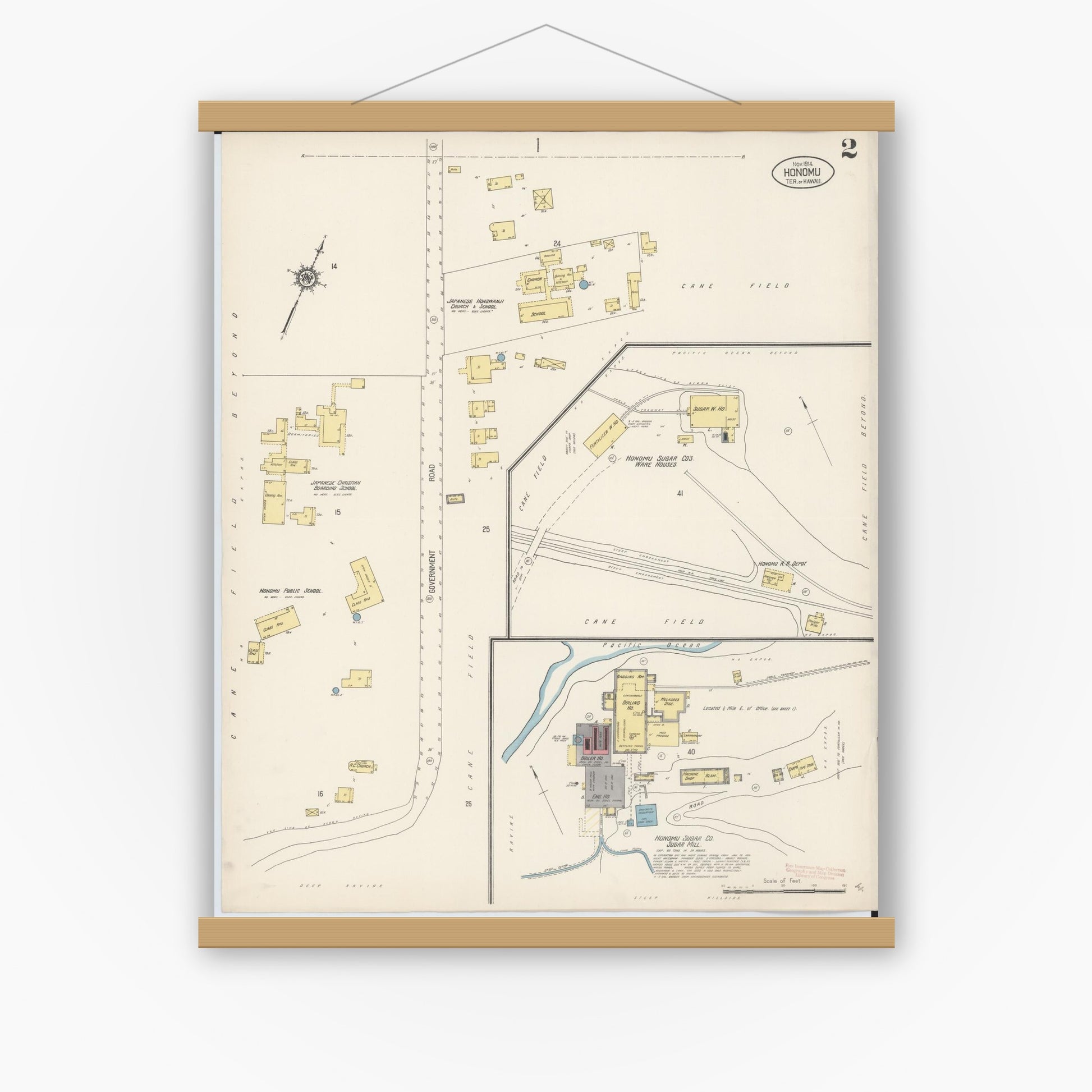 Old map wall art mockup — magnetic wood frame on white wall — Sanborn Fire Insurance Map from Honomu, Hawaii County, Hawaii (1914), Sheet #0002
