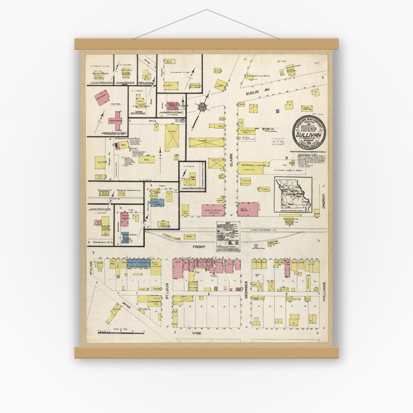 Old map wall art mockup — magnetic wood frame on white wall — Sanborn Fire Insurance Map from Sullivan, Franklin County, Missouri (1914), Sheet #0001