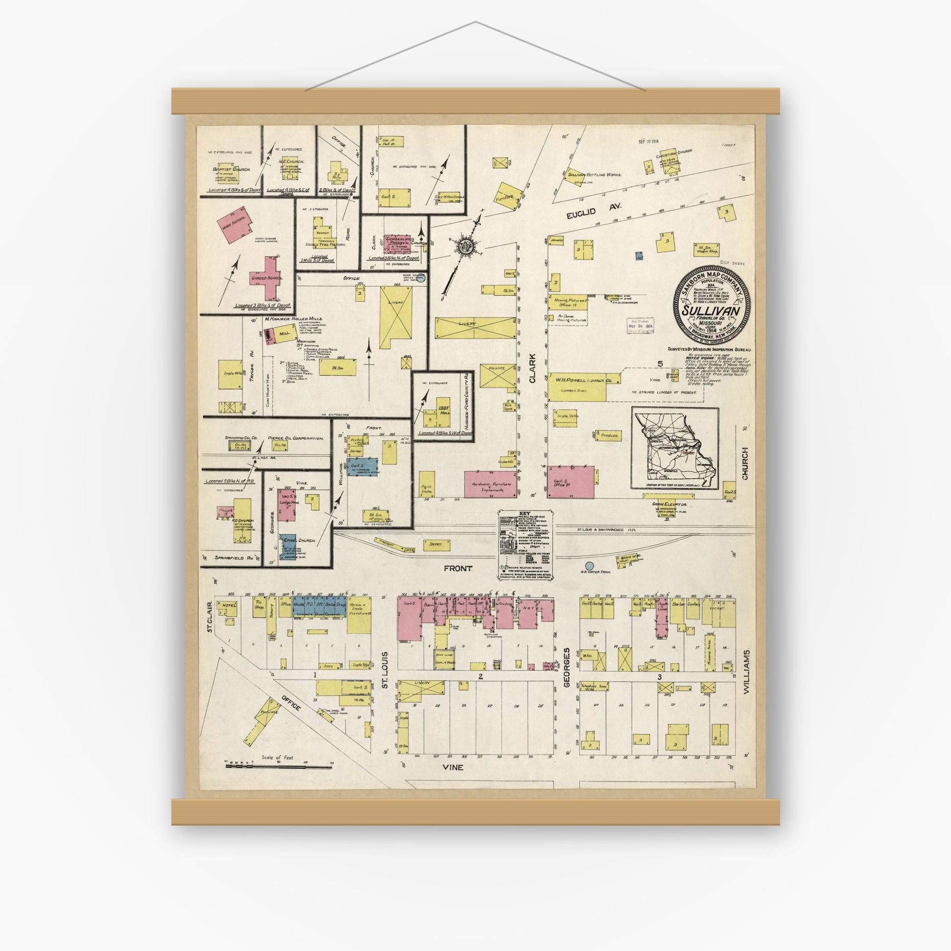 Old map wall art mockup — magnetic wood frame on white wall — Sanborn Fire Insurance Map from Sullivan, Franklin County, Missouri (1914), Sheet #0001