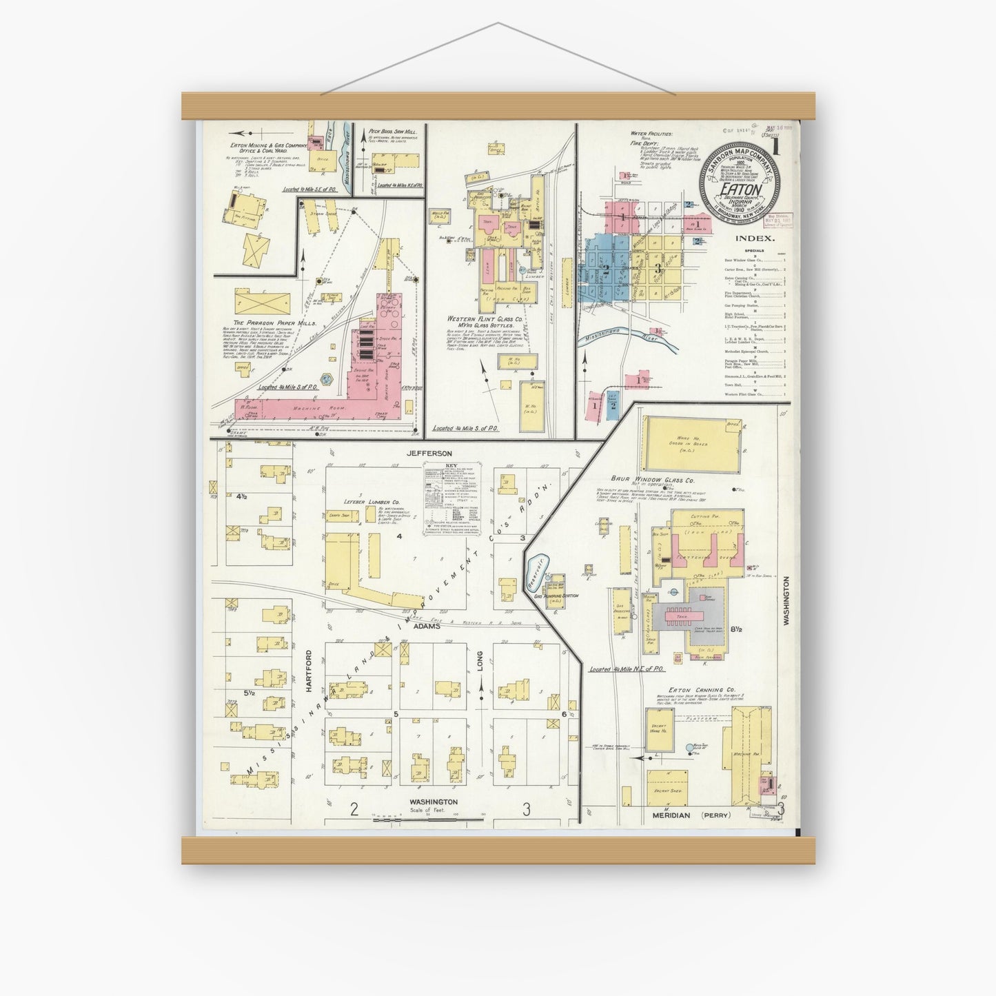 Old map wall art mockup — magnetic wood frame on white wall — Sanborn Fire Insurance Map from Eaton, Delaware County, Indiana (1910), Sheet #0001