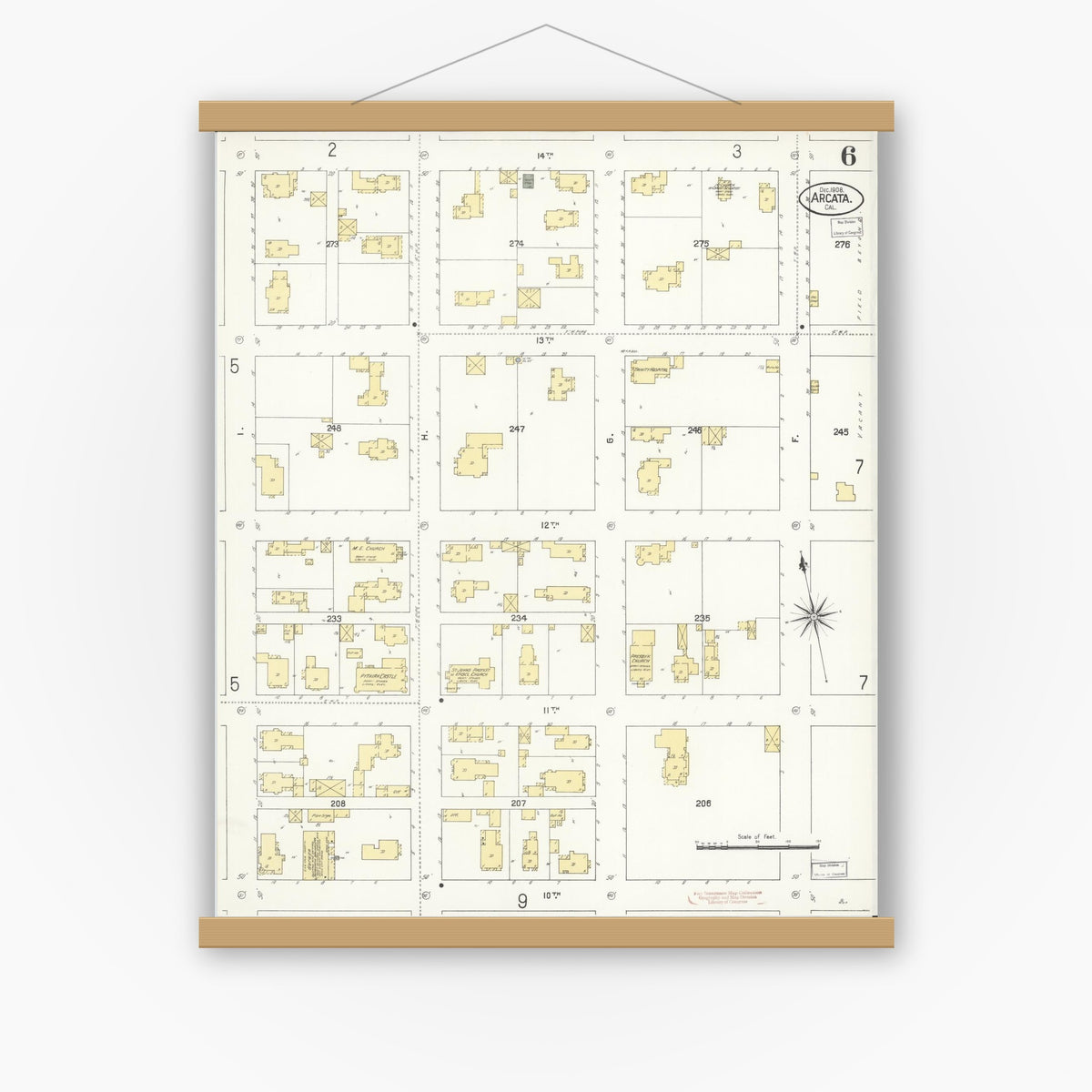 Old map wall art mockup — magnetic wood frame on white wall — Sanborn Fire Insurance Map from Arcata, Humboldt County, California (1908), Sheet #0006