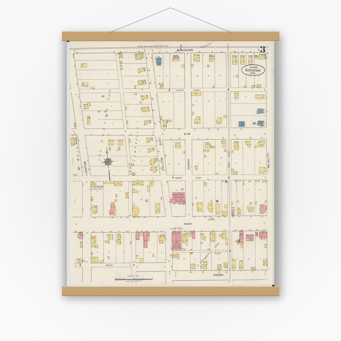 Old map wall art mockup — magnetic wood frame on white wall — Sanborn Fire Insurance Map from Groveport, Franklin County, Ohio (1922), Sheet #0003