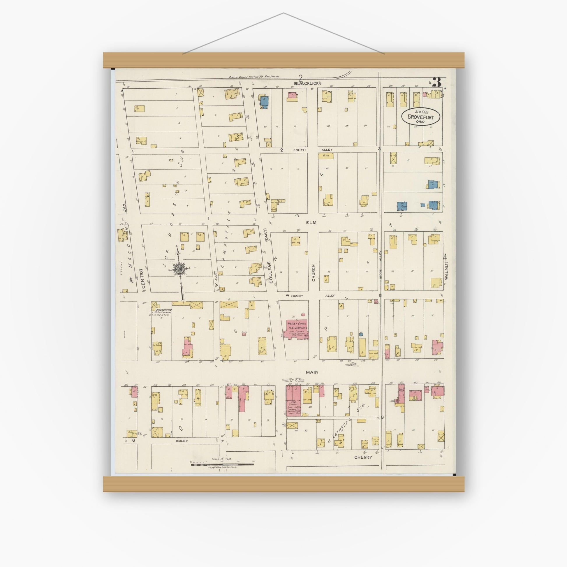 Old map wall art mockup — magnetic wood frame on white wall — Sanborn Fire Insurance Map from Groveport, Franklin County, Ohio (1922), Sheet #0003