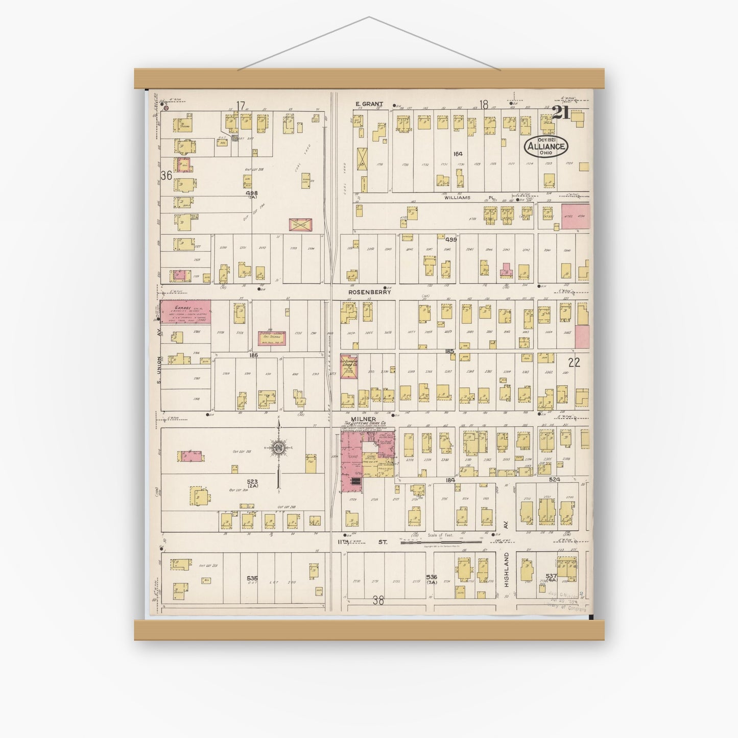 Old map wall art mockup — magnetic wood frame on white wall — Sanborn Fire Insurance Map from Alliance, Stark County, Ohio (1921), Sheet #0021