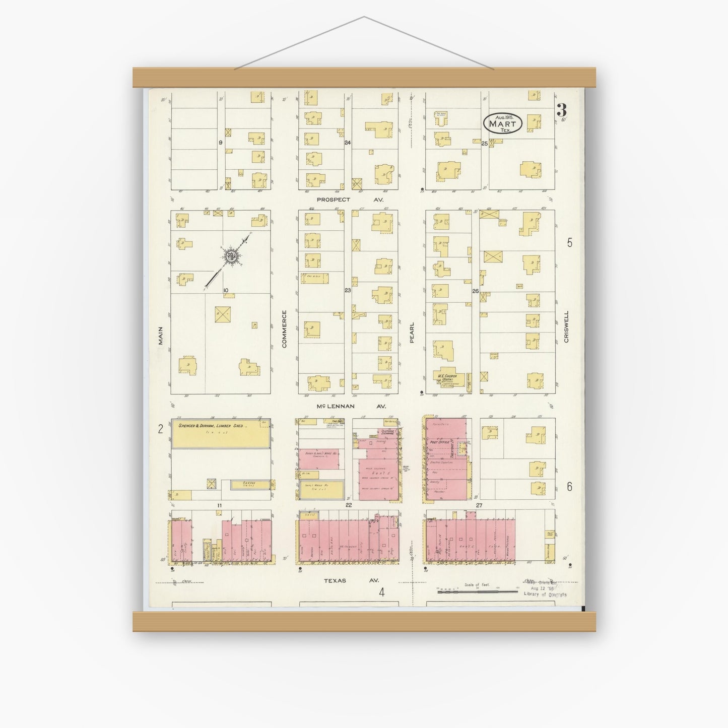 Old map wall art mockup — magnetic wood frame on white wall — Sanborn Fire Insurance Map from Mart, McLennan County, Texas (1915), Sheet #0003