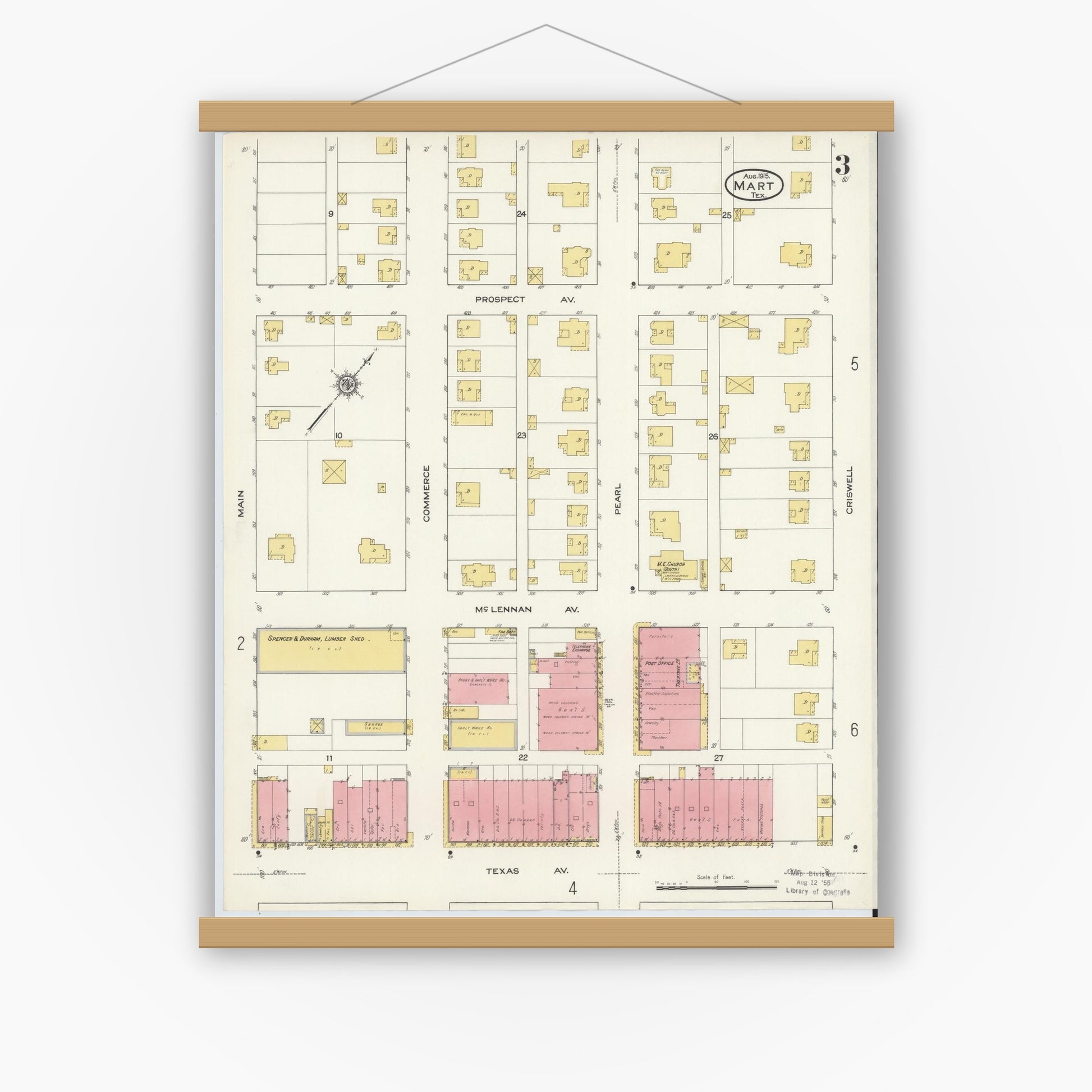 Old map wall art mockup — magnetic wood frame on white wall — Sanborn Fire Insurance Map from Mart, McLennan County, Texas (1915), Sheet #0003