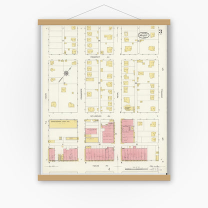Old map wall art mockup — magnetic wood frame on white wall — Sanborn Fire Insurance Map from Mart, McLennan County, Texas (1915), Sheet #0003