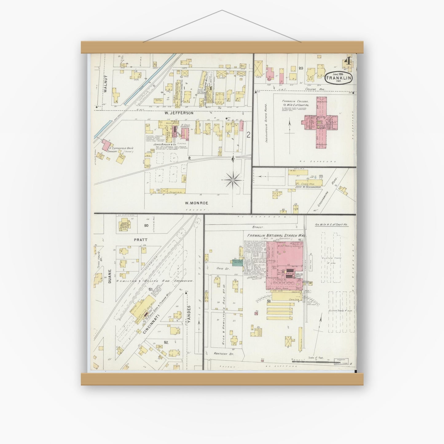 Old map wall art mockup — magnetic wood frame on white wall — Sanborn Fire Insurance Map from Franklin, Johnson County, Indiana (1896), Sheet #0004