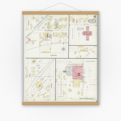 Old map wall art mockup — magnetic wood frame on white wall — Sanborn Fire Insurance Map from Franklin, Johnson County, Indiana (1896), Sheet #0004