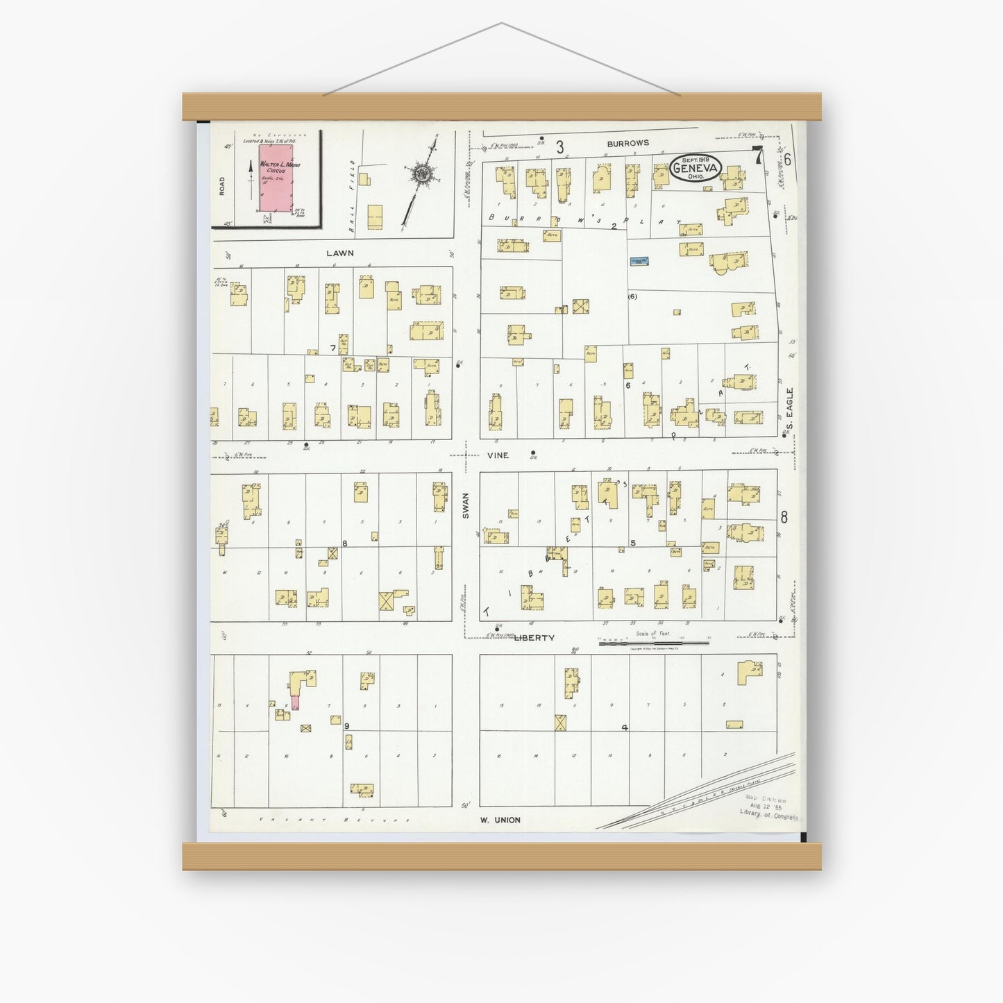 Old map wall art mockup — magnetic wood frame on white wall — Sanborn Fire Insurance Map from Geneva, Ashtabula County, Ohio (1919), Sheet #0007