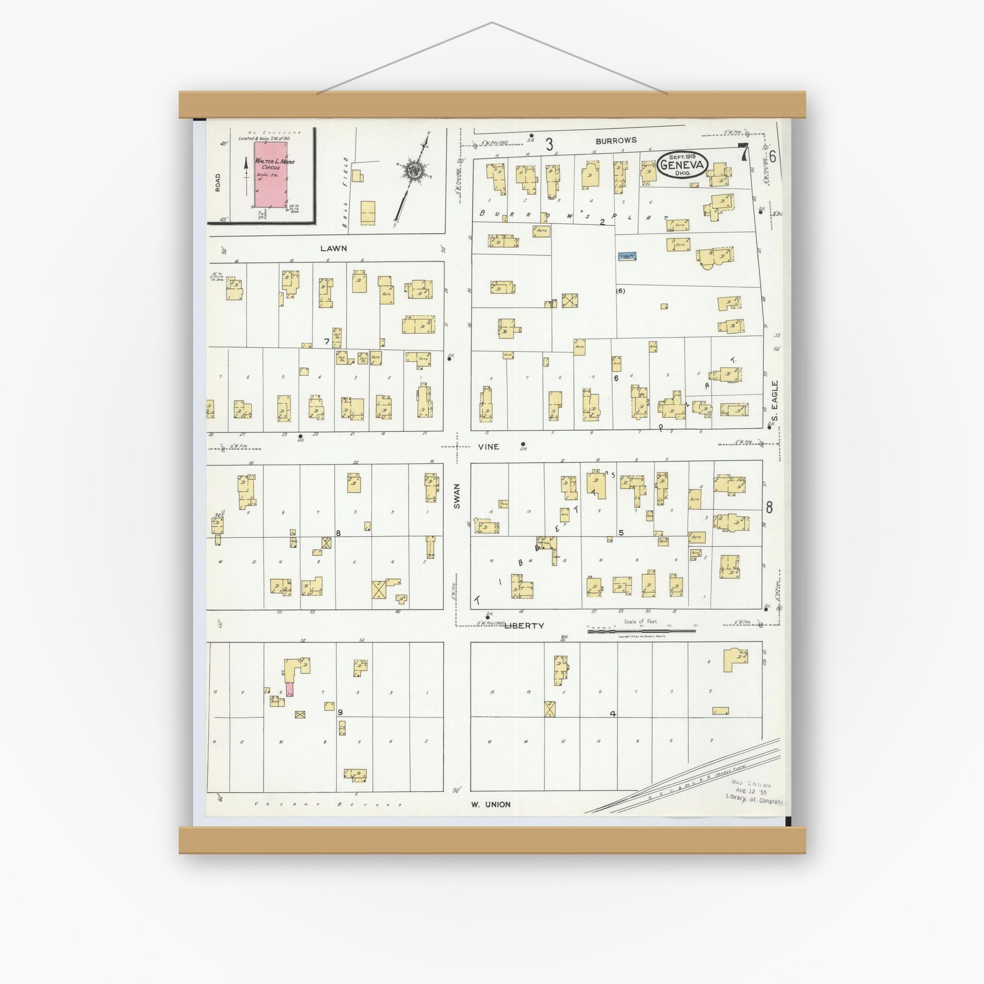 Old map wall art mockup — magnetic wood frame on white wall — Sanborn Fire Insurance Map from Geneva, Ashtabula County, Ohio (1919), Sheet #0007