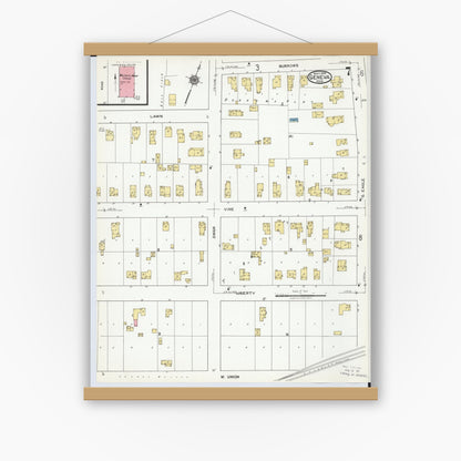 Old map wall art mockup — magnetic wood frame on white wall — Sanborn Fire Insurance Map from Geneva, Ashtabula County, Ohio (1919), Sheet #0007
