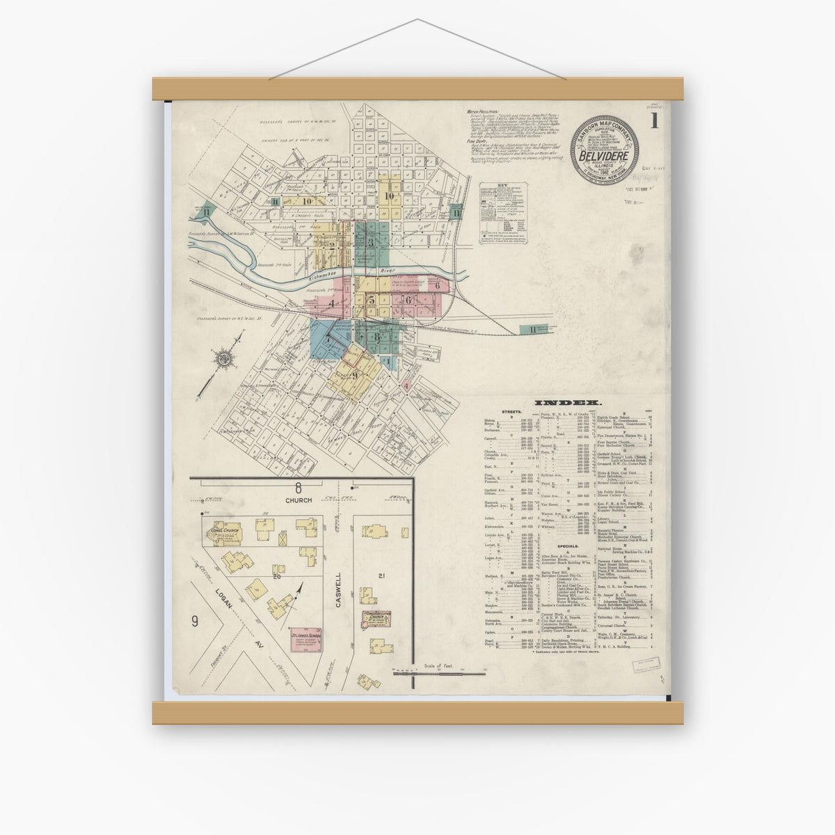 Old map wall art mockup — magnetic wood frame on white wall — Sanborn Fire Insurance Map from Belvidere, Boone County, Illinois (1912), Sheet #0001