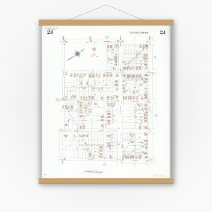 Old map wall art mockup — magnetic wood frame on white wall — Sanborn Fire Insurance Map from Jefferson City, Cole County, Missouri (1939), Sheet #0024