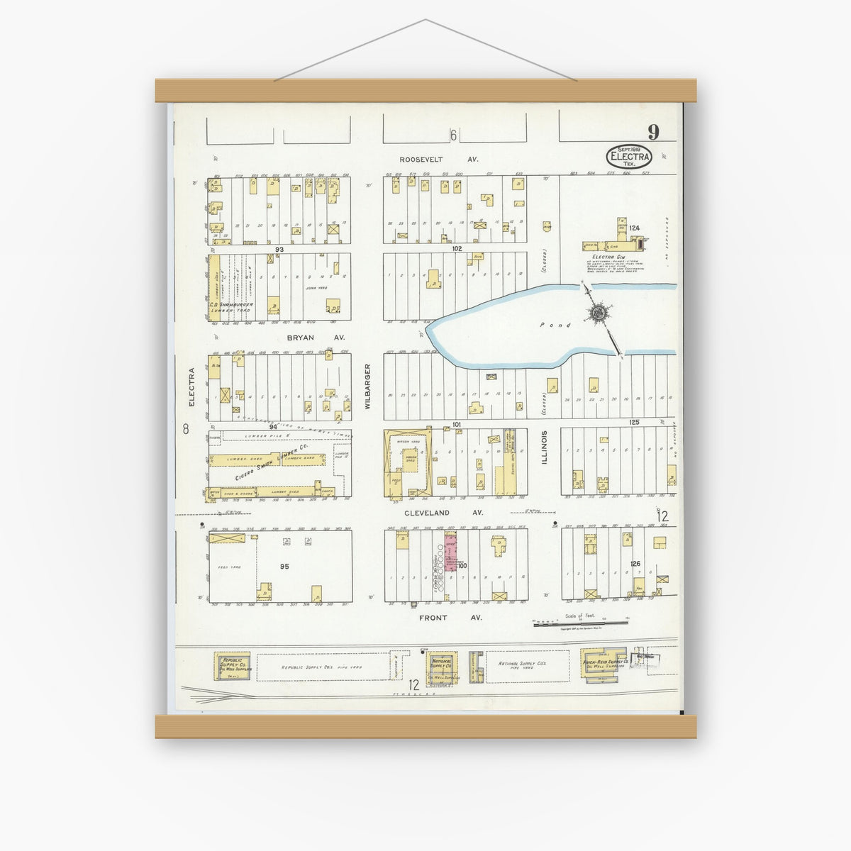 Old map wall art mockup — magnetic wood frame on white wall — Sanborn Fire Insurance Map from Electra, Wichita County, Texas (1919), Sheet #0009