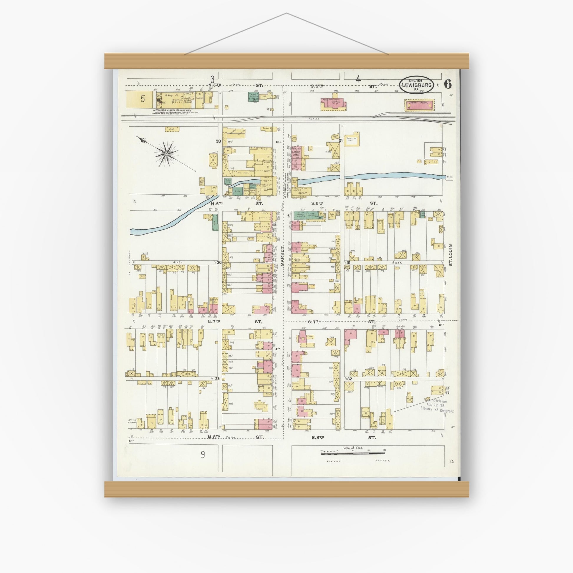 Old map wall art mockup — magnetic wood frame on white wall — Sanborn Fire Insurance Map from Lewisburg, Union County, Pennsylvania (1906), Sheet #0006