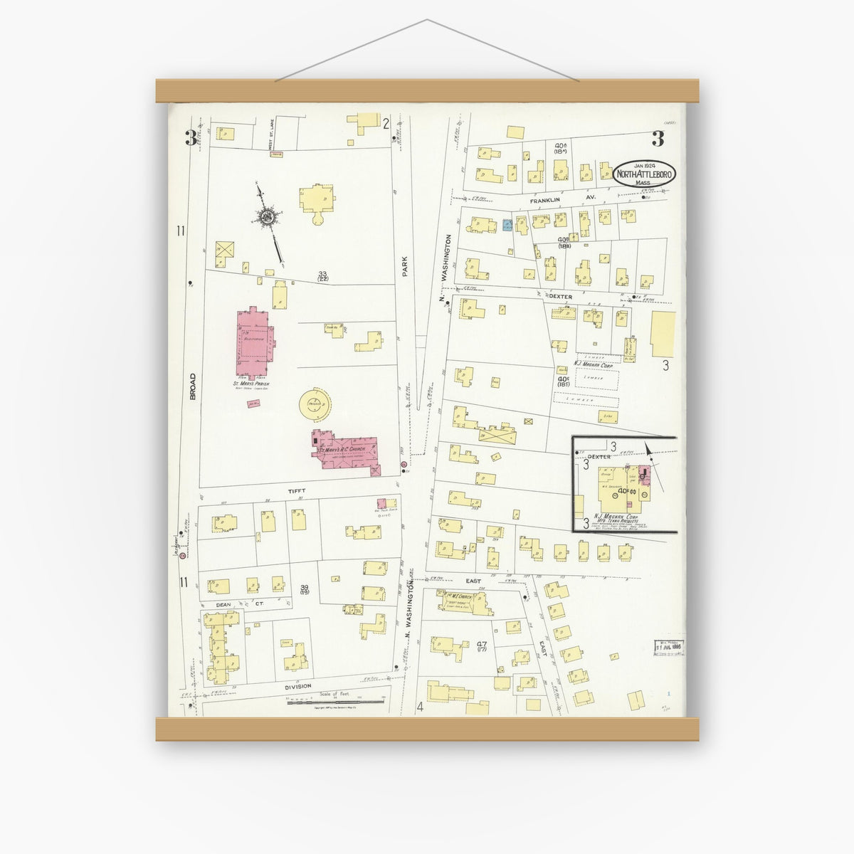 Old map wall art mockup — magnetic wood frame on white wall — Sanborn Fire Insurance Map from North Attleborough, Bristol County, Massachusetts (1924), Sheet #0003