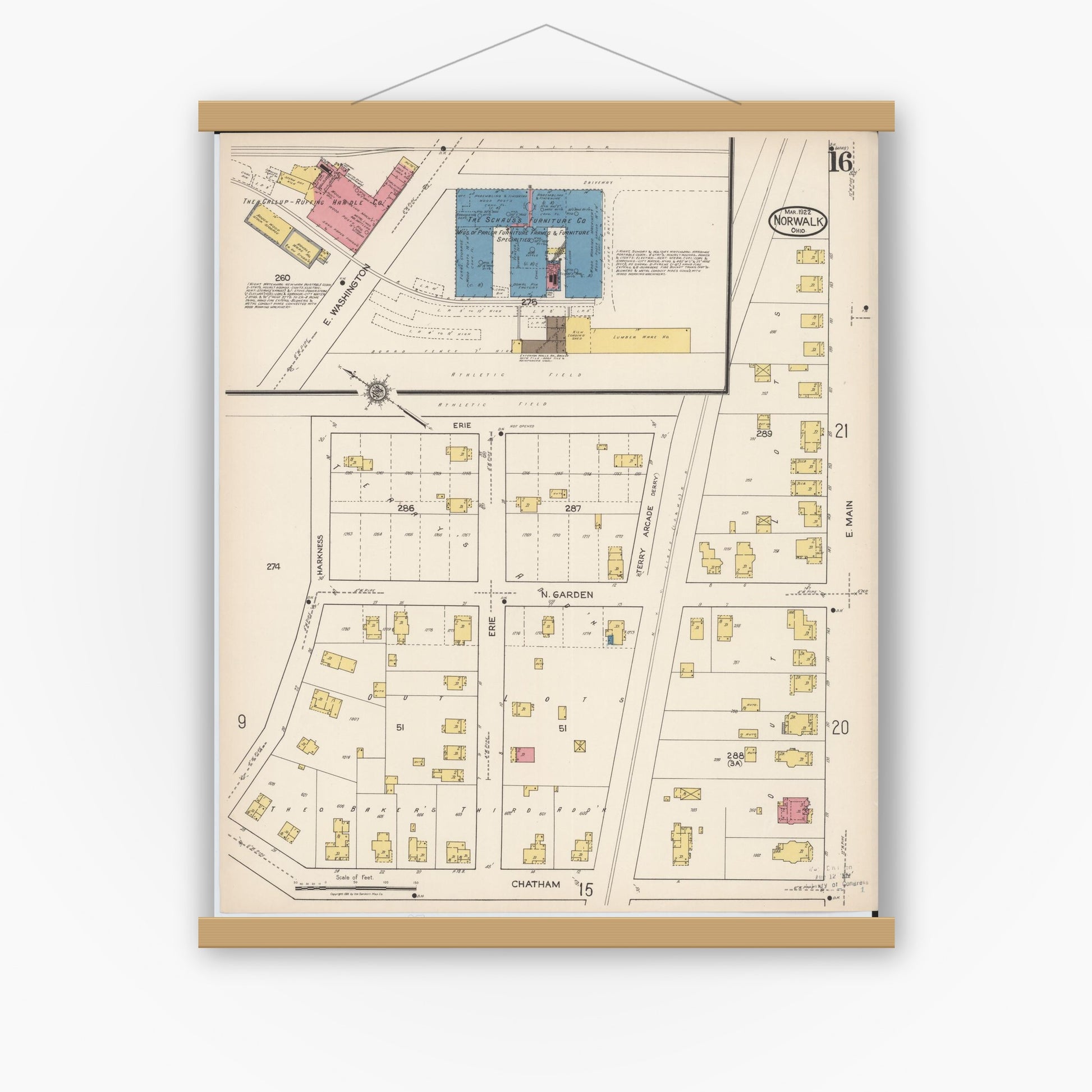 Old map wall art mockup — magnetic wood frame on white wall — Sanborn Fire Insurance Map from Norwalk, Huron County, Ohio (1922), Sheet #0016