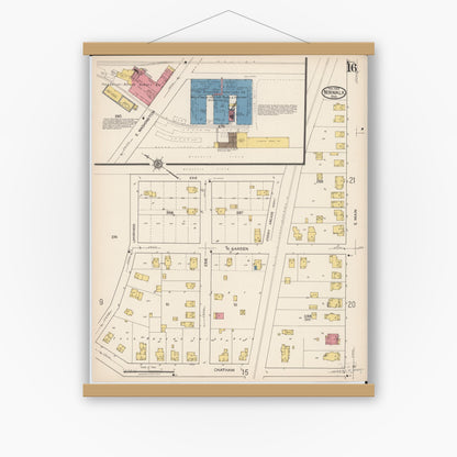Old map wall art mockup — magnetic wood frame on white wall — Sanborn Fire Insurance Map from Norwalk, Huron County, Ohio (1922), Sheet #0016