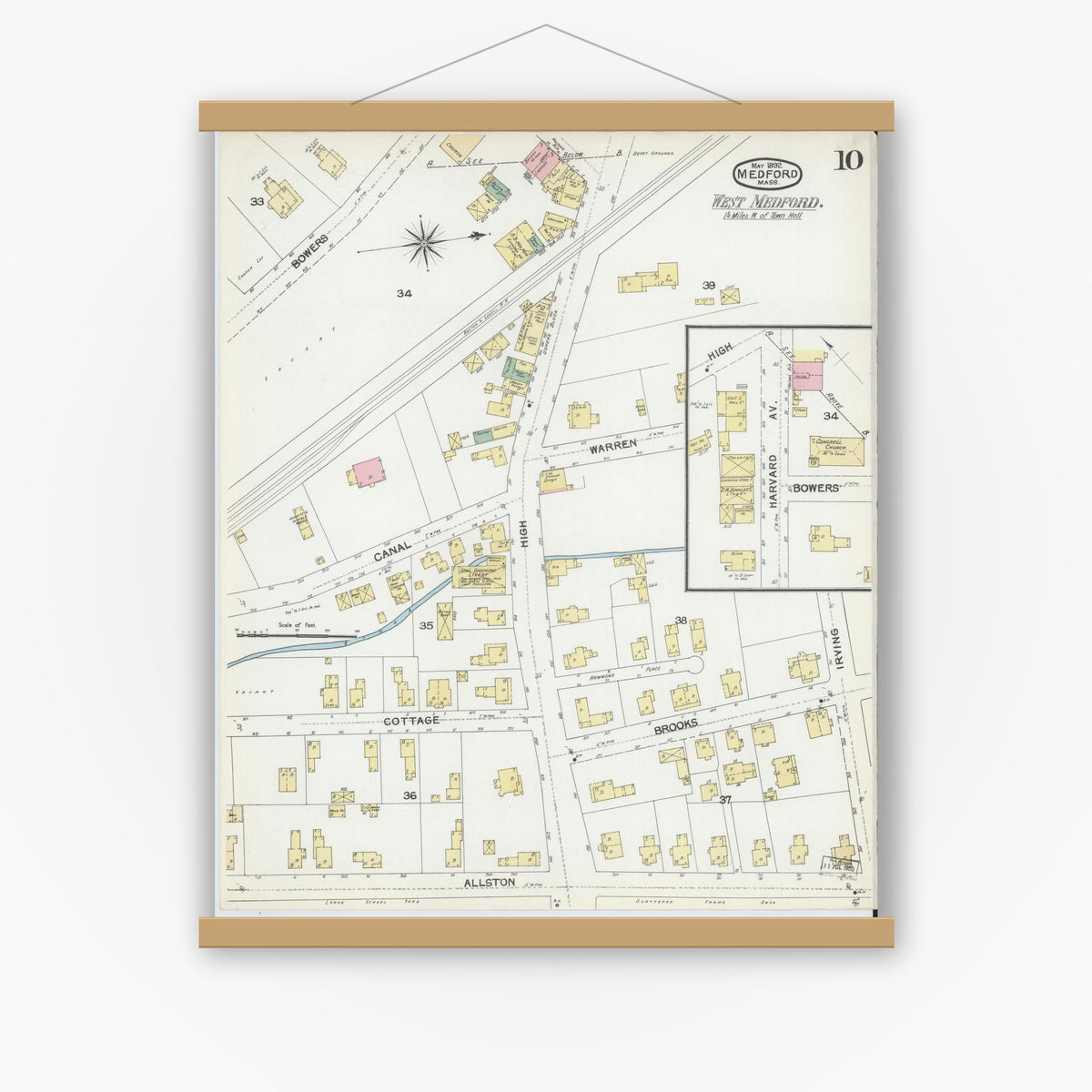 Old map wall art mockup — magnetic wood frame on white wall — Sanborn Fire Insurance Map from Medford, Middlesex County, Massachusetts (1892), Sheet #0010