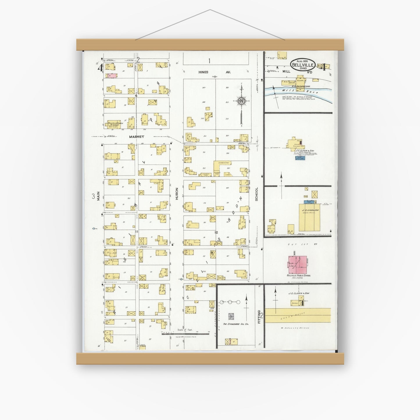 Old map wall art mockup — magnetic wood frame on white wall — Sanborn Fire Insurance Map from Bellville, Richland County, Ohio (1926), Sheet #0004