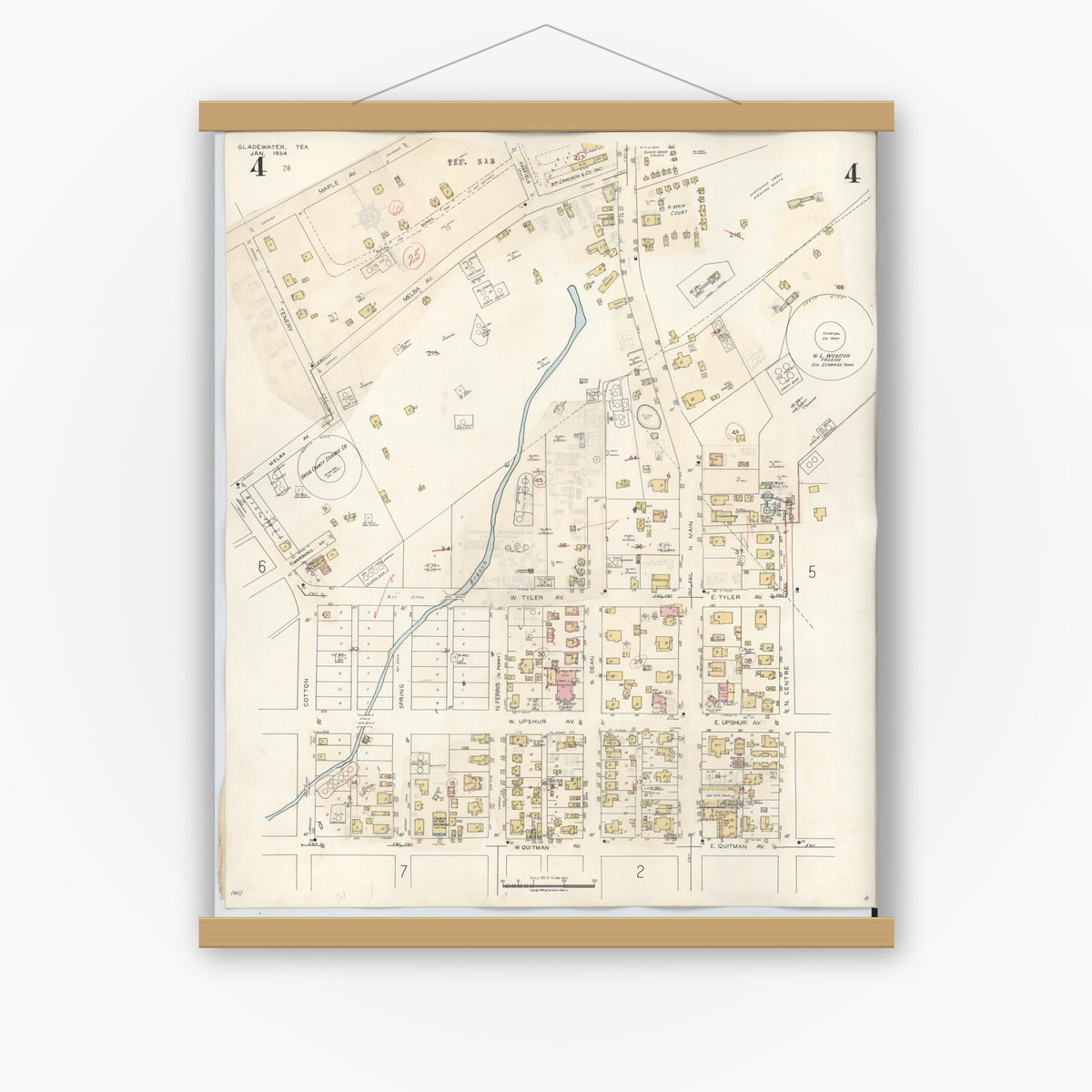 Old map wall art mockup — magnetic wood frame on white wall — Sanborn Fire Insurance Map from Gladewater, Gregg County, Texas (1938), Sheet #0004
