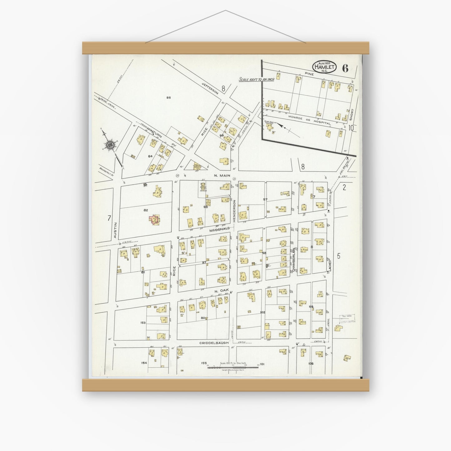 Old map wall art mockup — magnetic wood frame on white wall — Sanborn Fire Insurance Map from Hamlet, Richmond County, North Carolina (1920), Sheet #0006