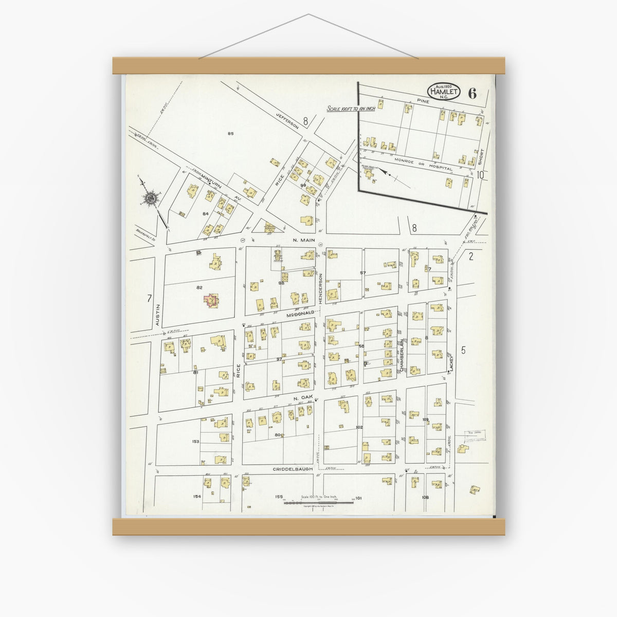 Old map wall art mockup — magnetic wood frame on white wall — Sanborn Fire Insurance Map from Hamlet, Richmond County, North Carolina (1920), Sheet #0006