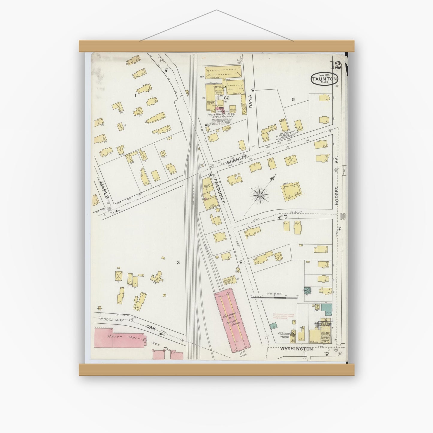 Old map wall art mockup — magnetic wood frame on white wall — Sanborn Fire Insurance Map from Taunton, Bristol County, Massachusetts (1893), Sheet #0012