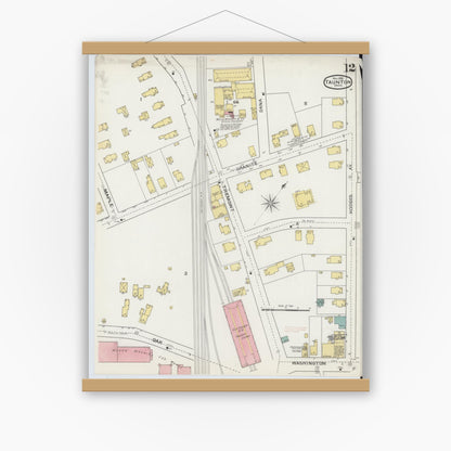 Old map wall art mockup — magnetic wood frame on white wall — Sanborn Fire Insurance Map from Taunton, Bristol County, Massachusetts (1893), Sheet #0012