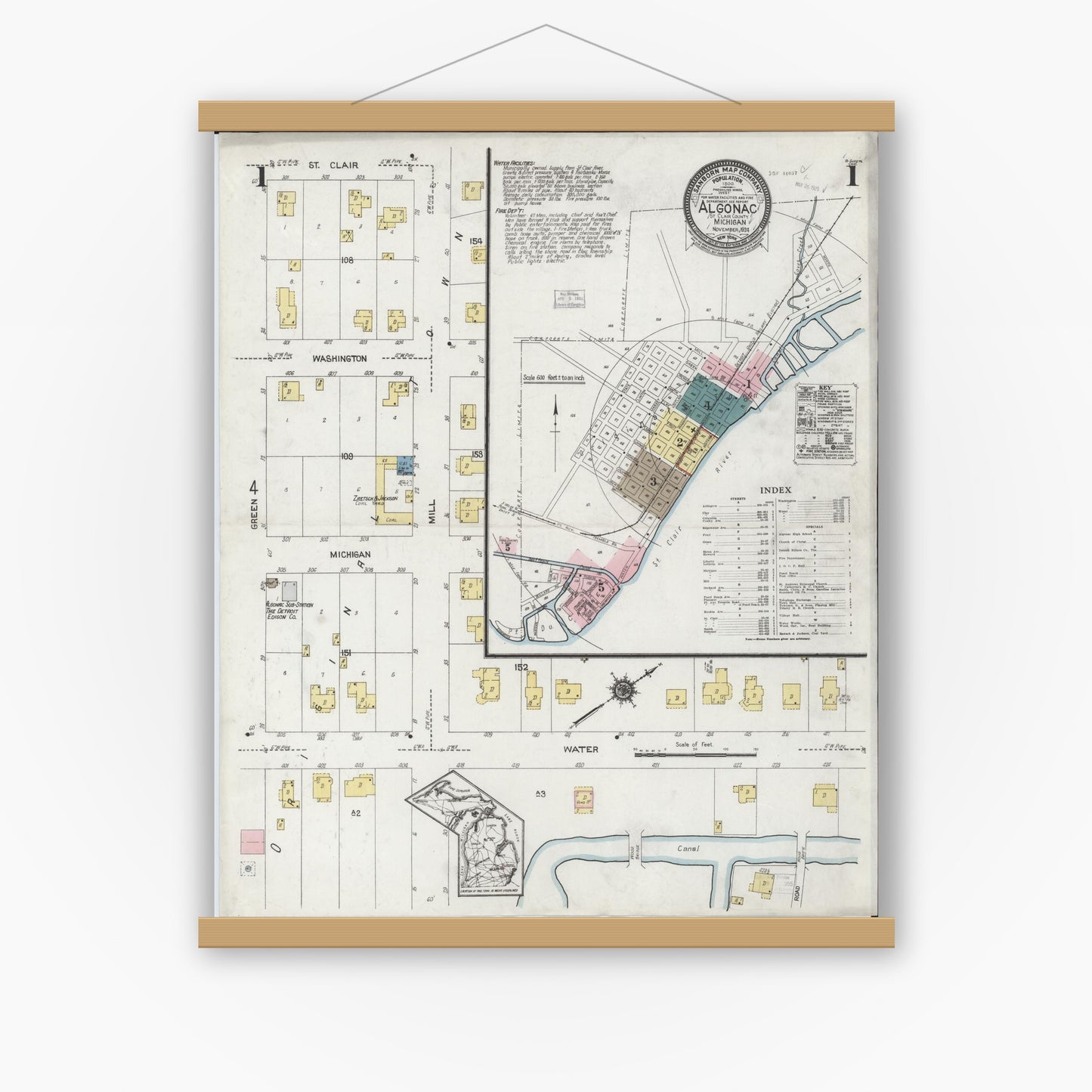 Old map wall art mockup — magnetic wood frame on white wall — Sanborn Fire Insurance Map from Algonac, Saint Clair County, Michigan (1924), Sheet #0001