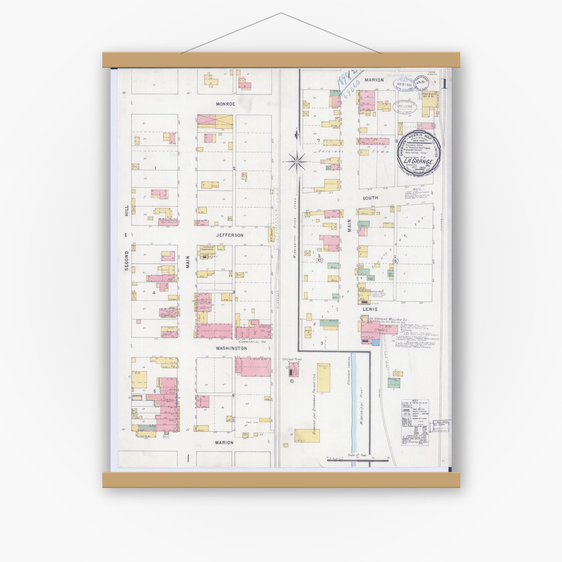 Old map wall art mockup — magnetic wood frame on white wall — Sanborn Fire Insurance Map from La Grange, Lewis County, Missouri (1898), Sheet #0001